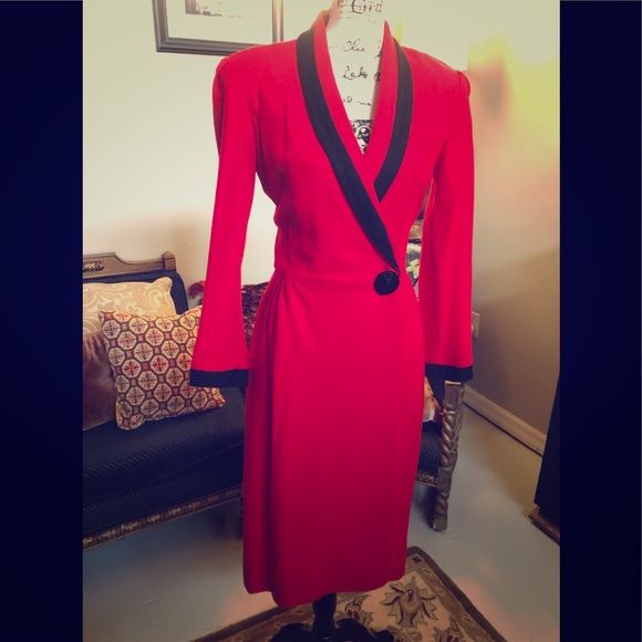 Authentic Original Vintage Style Dresses & Skirts - VTG Gorgeous 80s- 40s Red Wool Wrap Coat Dress